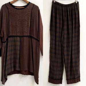 BODIL Linen Blend Plaid Two Piece Pants Set Lagenlook Brown Mixed Media Artsy